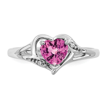 14K Weißgold Ring mit synthetischem rosa Saphir und echtem Diamant in Herzform