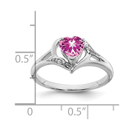 14K Weißgold Ring mit synthetischem rosa Saphir und echtem Diamant in Herzform