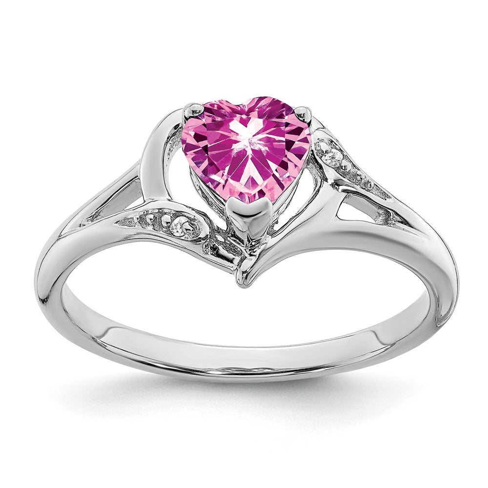 14K Weißgold Ring mit synthetischem rosa Saphir und echtem Diamant in Herzform