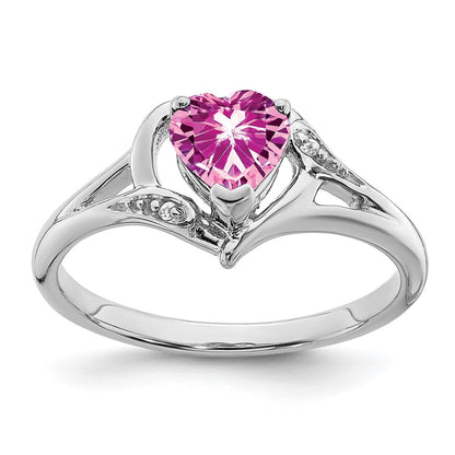 14K Weißgold Ring mit synthetischem rosa Saphir und echtem Diamant in Herzform
