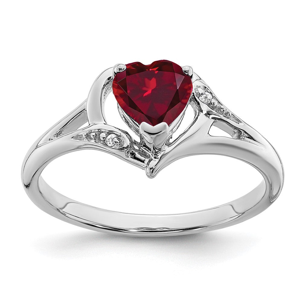 14K Weißgoldring mit synthetischem Rubin und echten Diamanten in Herzform