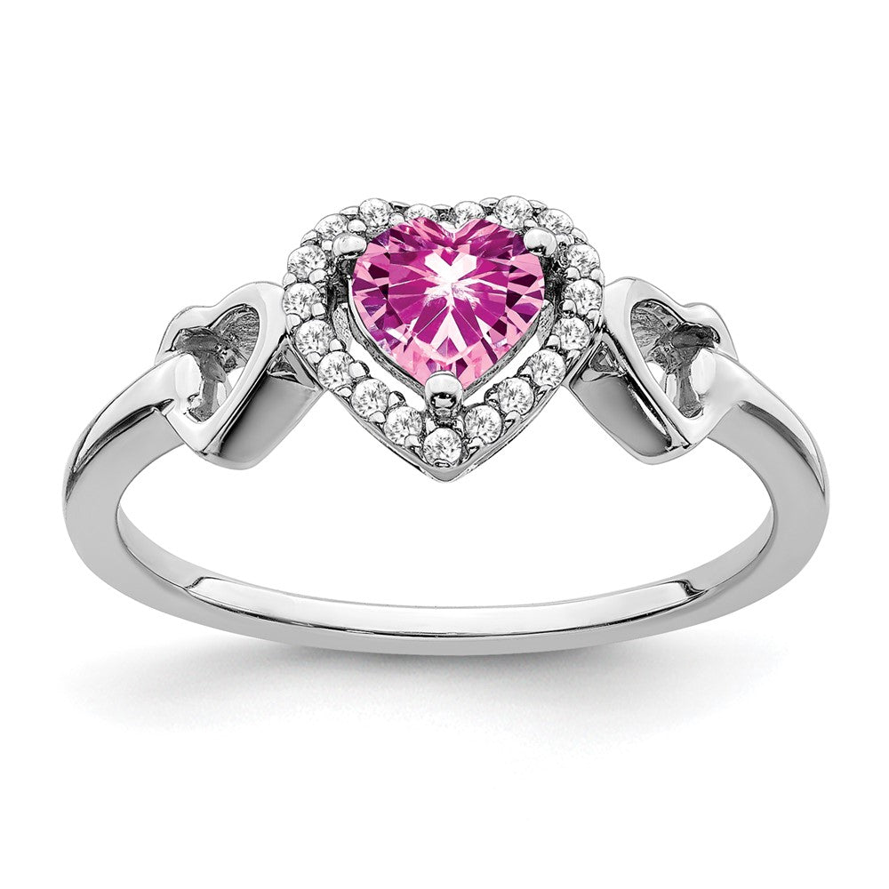 14K Weißgold Ring mit synthetischem rosa Saphir und echten Diamanten in Herzform