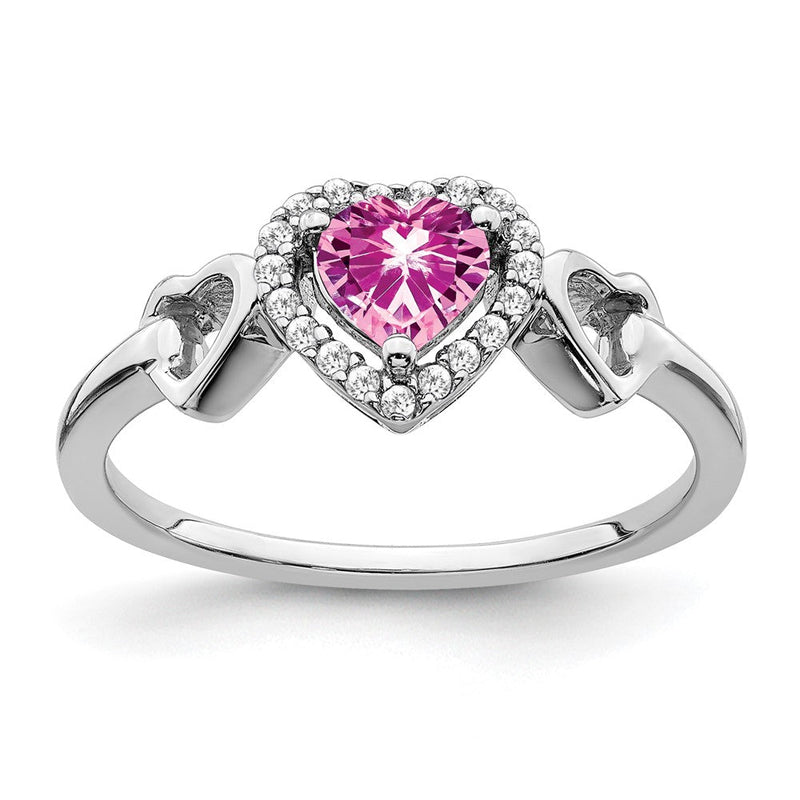 14K Weißgold Ring mit synthetischem rosa Saphir und echten Diamanten in Herzform