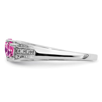 14K Weißgold Ring mit synthetischem rosa Saphir und echten Diamanten, Herzform