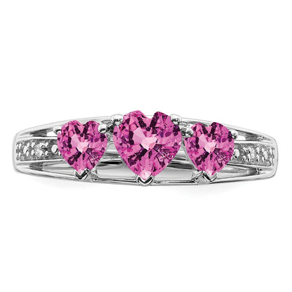 14K Weißgold Ring mit synthetischem rosa Saphir und echten Diamanten, Herzform