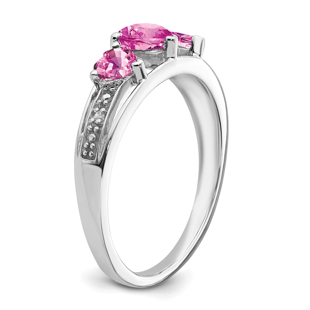 14K Weißgold Ring mit synthetischem rosa Saphir und echten Diamanten, Herzform