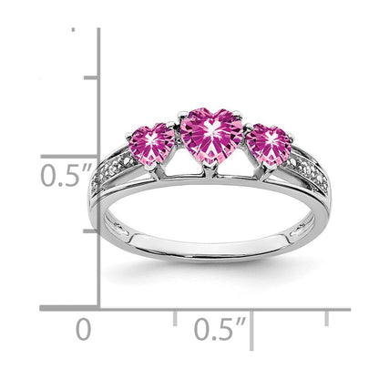 14K Weißgold Ring mit synthetischem rosa Saphir und echten Diamanten, Herzform