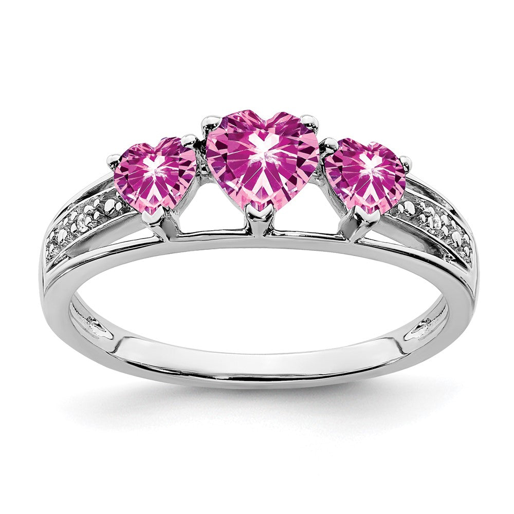 14K Weißgold Ring mit synthetischem rosa Saphir und echten Diamanten, Herzform