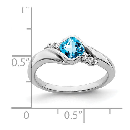 14K Weißgold Ring mit blauem Topas und echtem Diamant