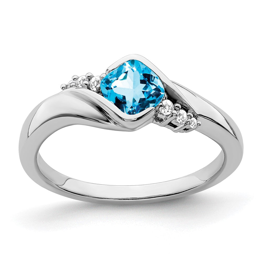 14K Weißgold Ring mit blauem Topas und echtem Diamant