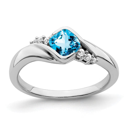 14K Weißgold Ring mit blauem Topas und echtem Diamant