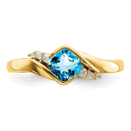 14K Gelbgold Ring mit blauem Topas und echten Diamanten