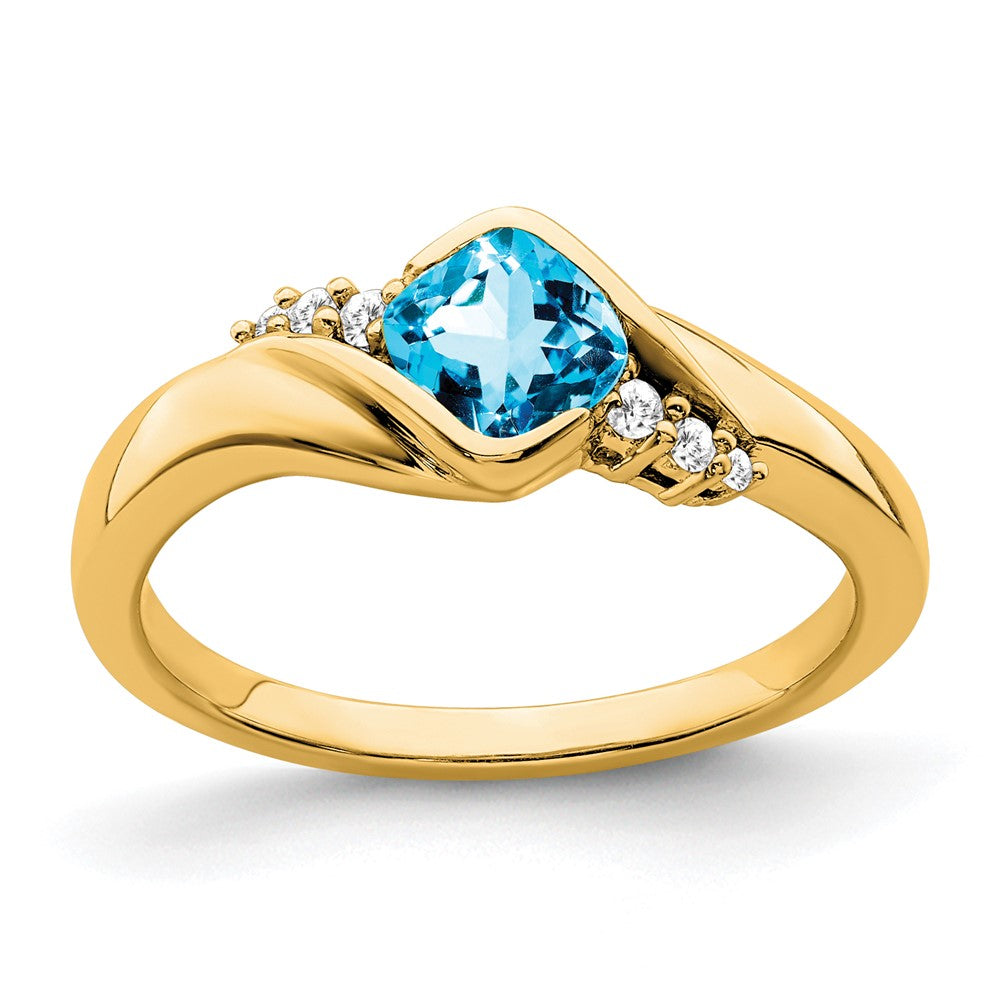 14K Gelbgold Ring mit blauem Topas und echten Diamanten