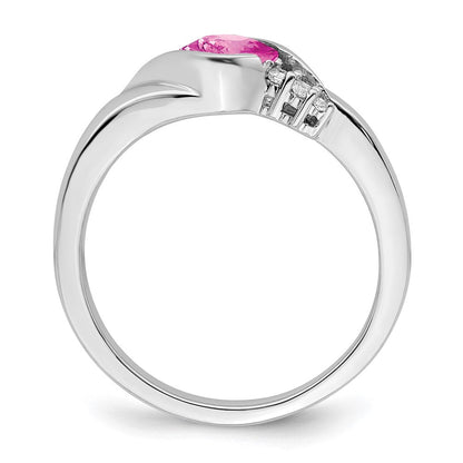 14K Weißgold Ring mit synthetischem Pink-Saphir und echten Diamanten