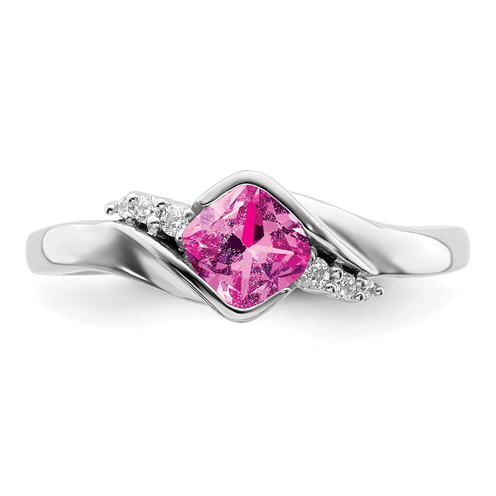 14K Weißgold Ring mit synthetischem Pink-Saphir und echten Diamanten