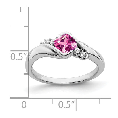 14K Weißgold Ring mit synthetischem Pink-Saphir und echten Diamanten