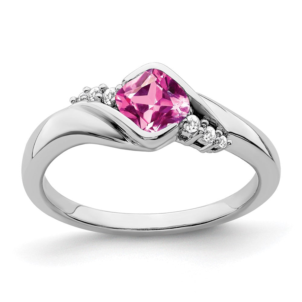 14K Weißgold Ring mit synthetischem Pink-Saphir und echten Diamanten