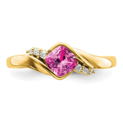 14K Gelbgold Ring mit synthetischem pinkem Saphir und echtem Diamant