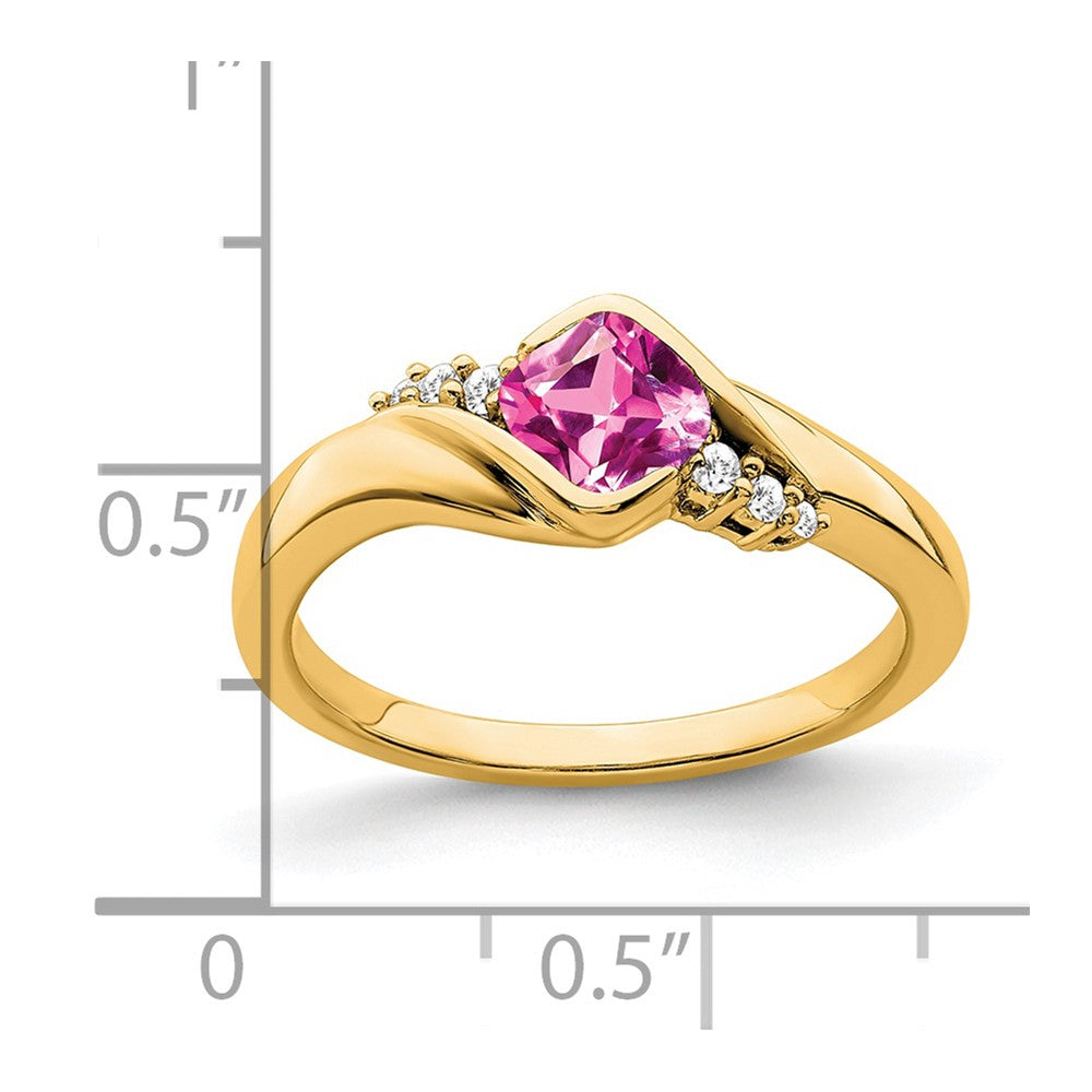 14K Gelbgold Ring mit synthetischem pinkem Saphir und echtem Diamant