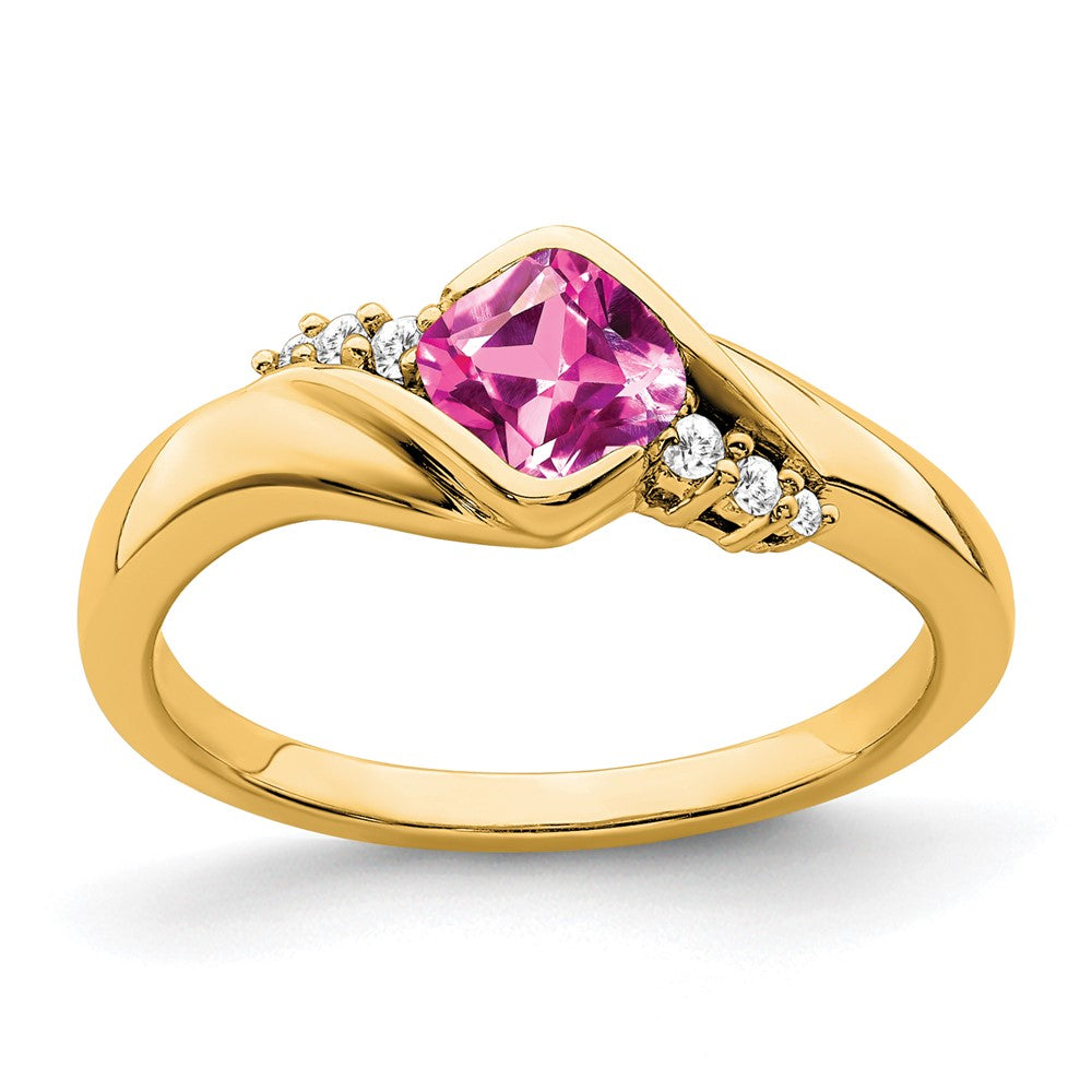 14K Gelbgold Ring mit synthetischem pinkem Saphir und echtem Diamant