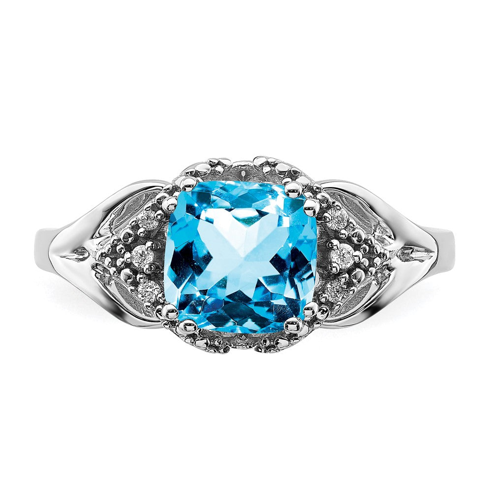 14K Weißgold Ring mit Blautopas und echtem Diamant