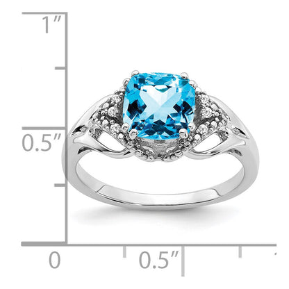 14K Weißgold Ring mit Blautopas und echtem Diamant