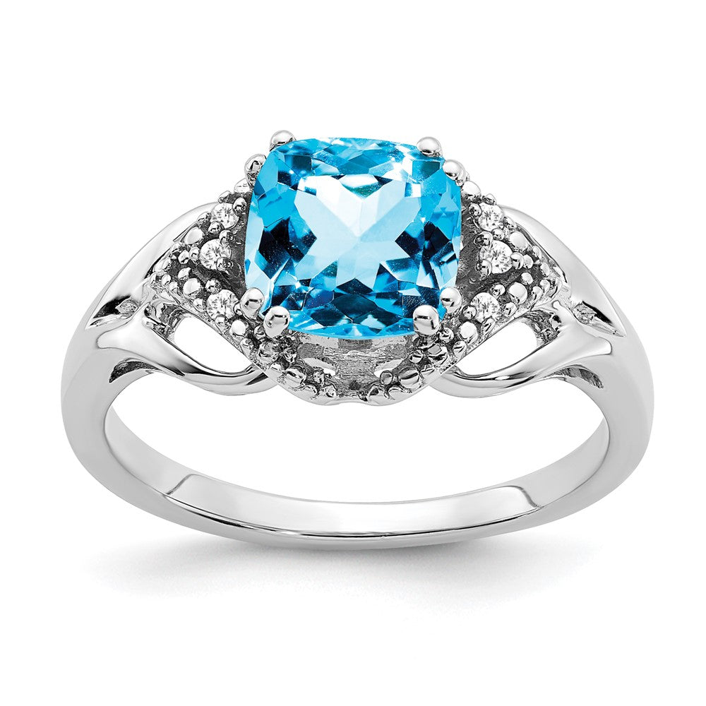 14K Weißgold Ring mit Blautopas und echtem Diamant