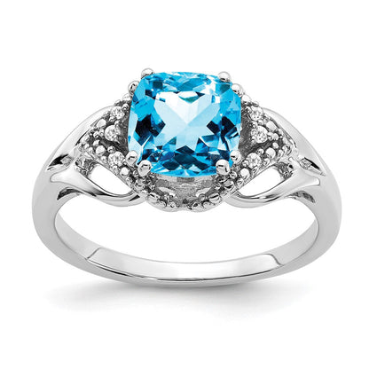 14K Weißgold Ring mit Blautopas und echtem Diamant