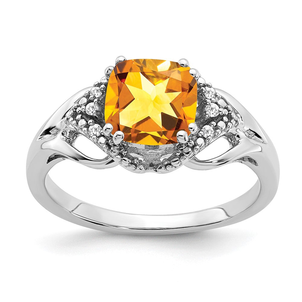 14K Weißgold Ring mit Citrin und echten Diamanten