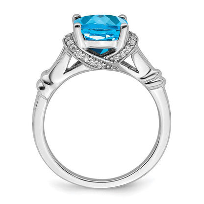 14K Weißgold Ring mit Blautopas und echten Diamanten