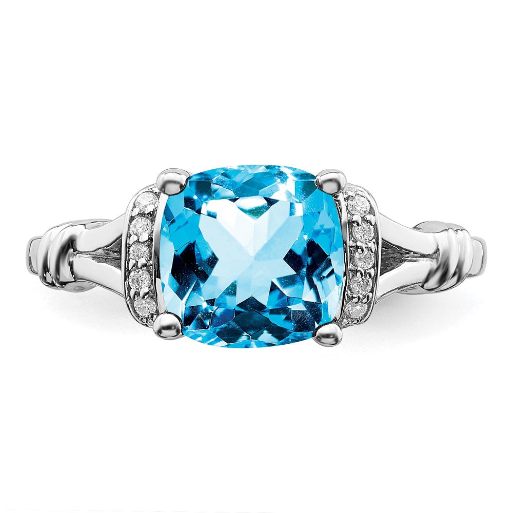 14K Weißgold Ring mit Blautopas und echten Diamanten
