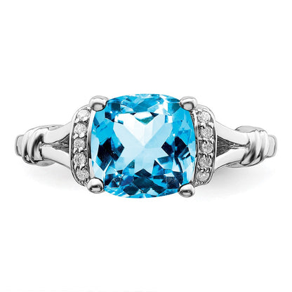 14K Weißgold Ring mit Blautopas und echten Diamanten