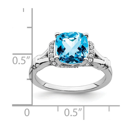 14K Weißgold Ring mit Blautopas und echten Diamanten
