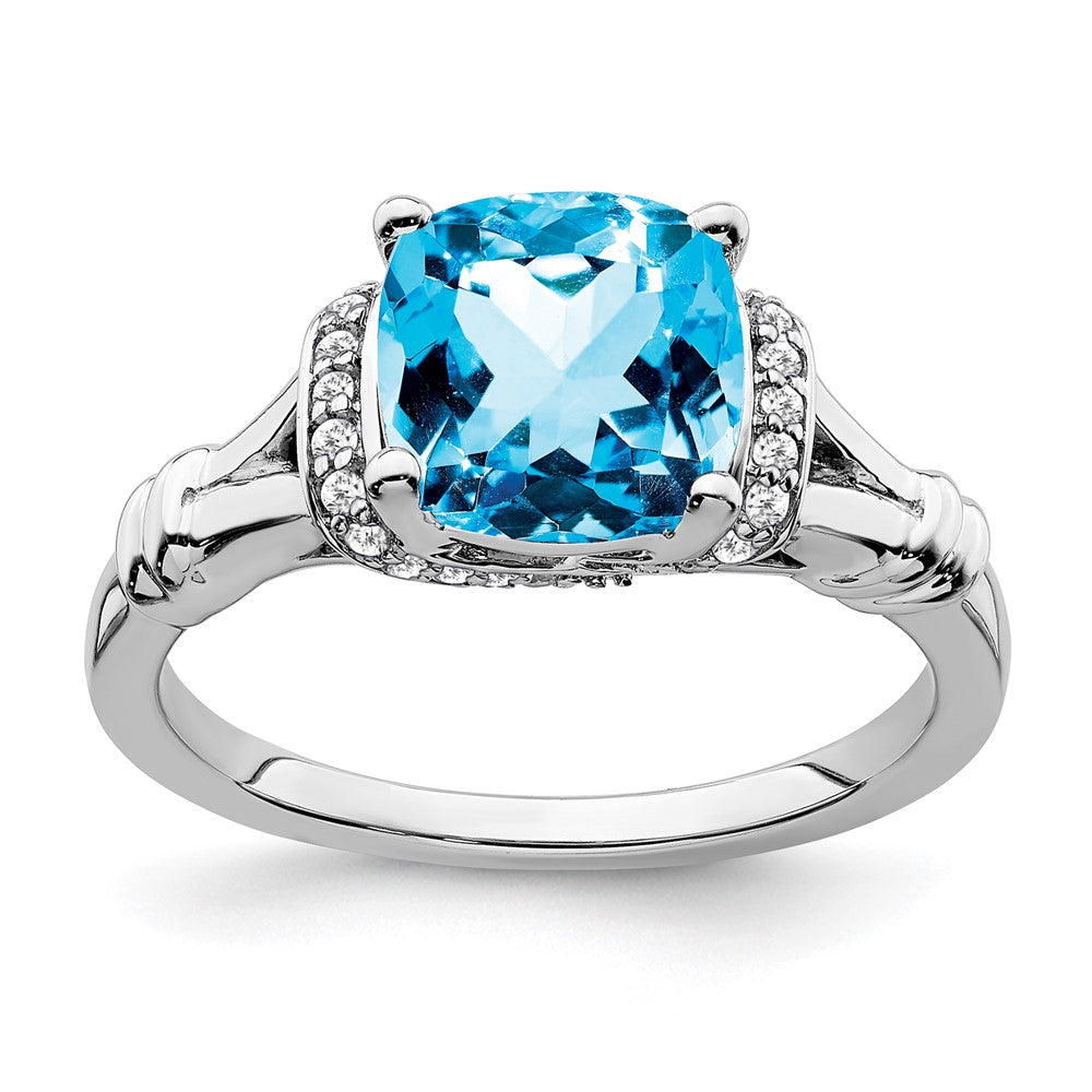 14K Weißgold Ring mit Blautopas und echten Diamanten