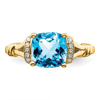 14K Gelbgold Ring mit Blautopas und echten Diamanten