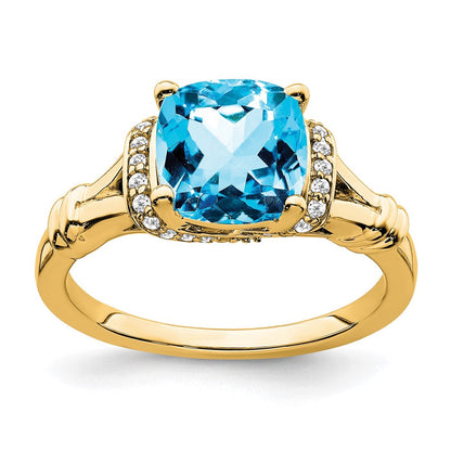 14K Gelbgold Ring mit Blautopas und echten Diamanten