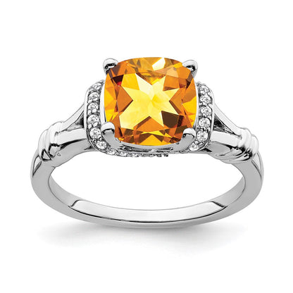 14K Weißgold Ring mit Citrin und echten Diamanten