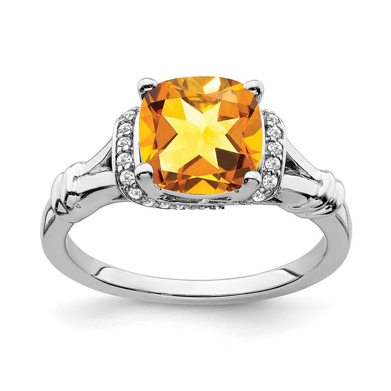14K Weißgold Ring mit Citrin und echten Diamanten