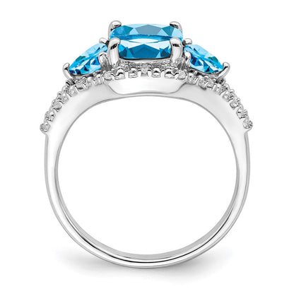 14K Weißgold Ring mit blauem Topas und echten Diamanten