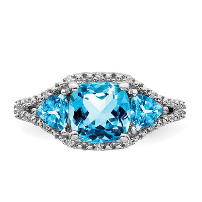14K Weißgold Ring mit blauem Topas und echten Diamanten