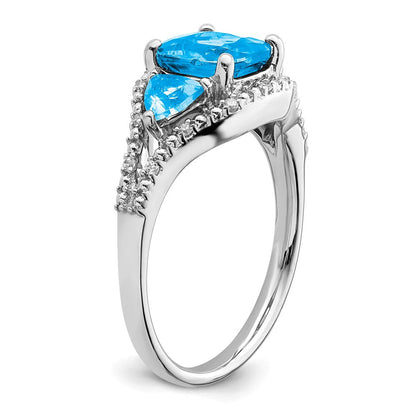 14K Weißgold Ring mit blauem Topas und echten Diamanten