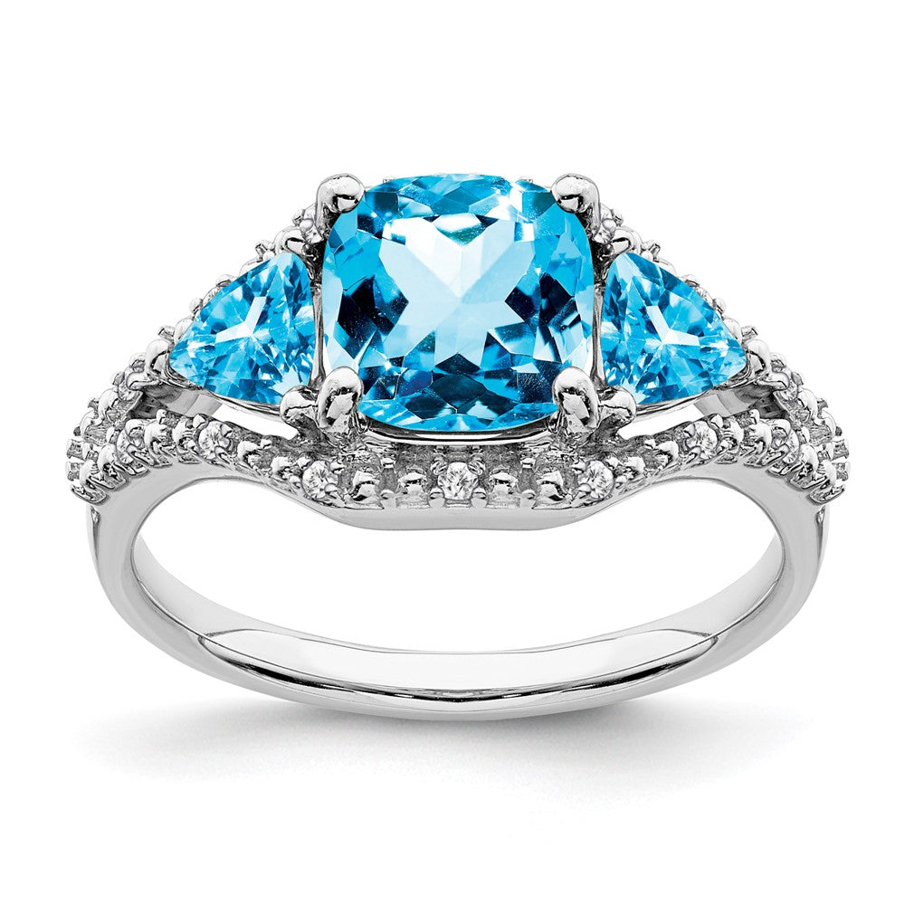14K Weißgold Ring mit blauem Topas und echten Diamanten