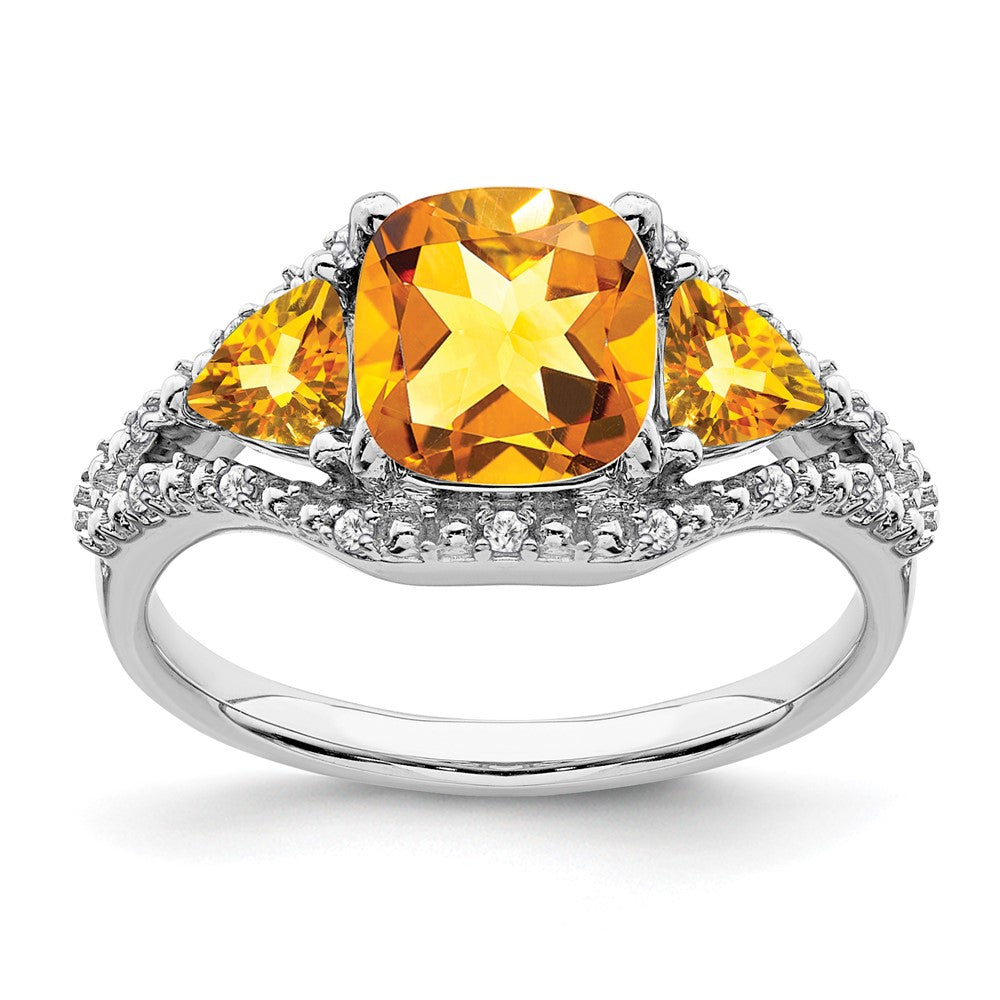 14K Weißgold Ring mit Citrin und echten Diamanten