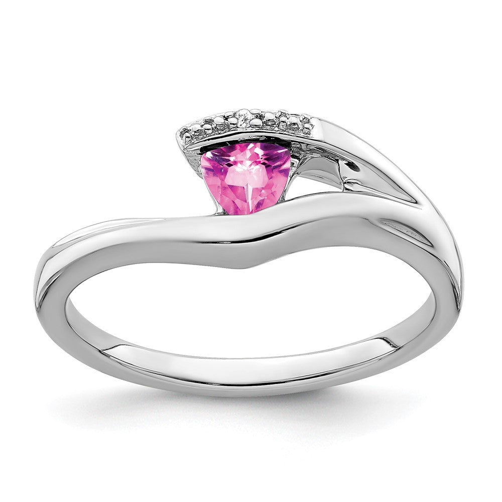 14K Weißgold Ring mit Trillion-Saphir (Pink, synthetisch) und echten Diamanten