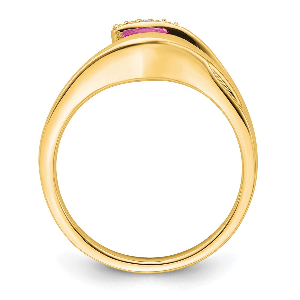 14K Gelbgold Ring mit trillionförmigem, synthetischem Pinksaphir und echten Diamanten