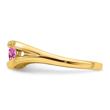 14K Gelbgold Ring mit trillionförmigem, synthetischem Pinksaphir und echten Diamanten