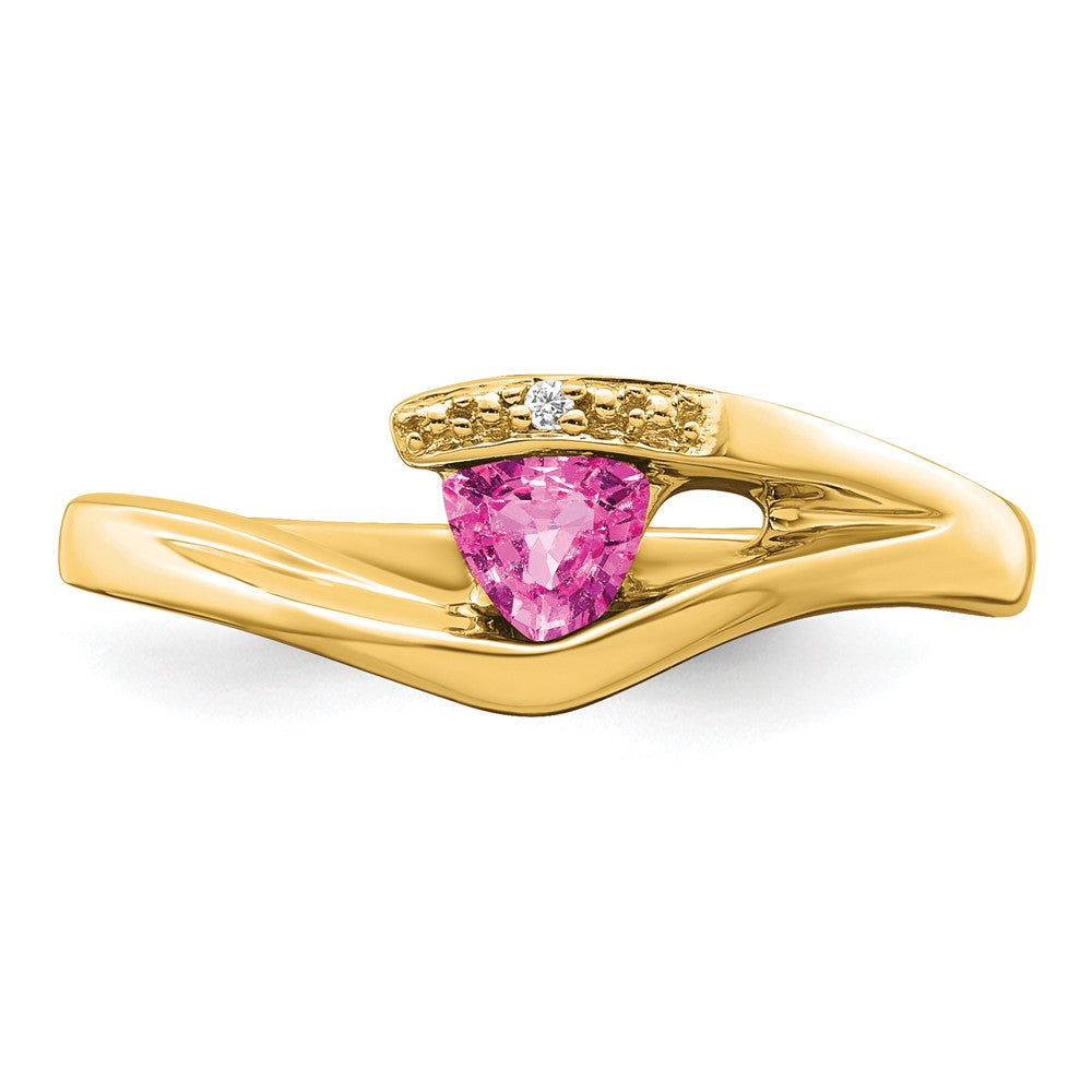14K Gelbgold Ring mit trillionförmigem, synthetischem Pinksaphir und echten Diamanten