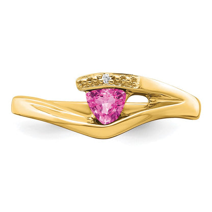 14K Gelbgold Ring mit trillionförmigem, synthetischem Pinksaphir und echten Diamanten