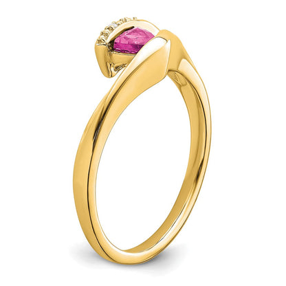 14K Gelbgold Ring mit trillionförmigem, synthetischem Pinksaphir und echten Diamanten