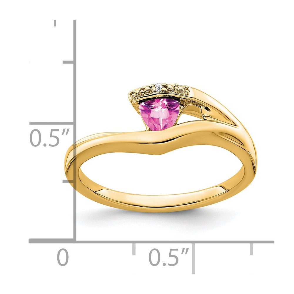 14K Gelbgold Ring mit trillionförmigem, synthetischem Pinksaphir und echten Diamanten